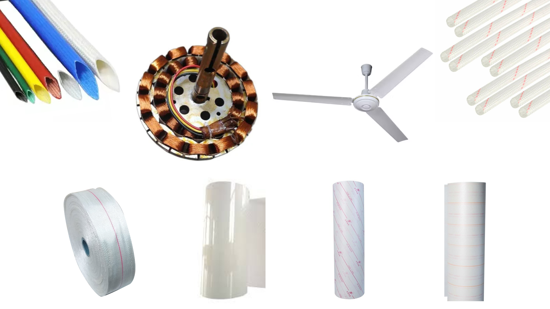 Insulation materials including fiberglass PVC sleeves, fiberglass acrylic sleeves, Melinex polyester film, NMN paper, DMD paper, and fiberglass tape, alongside a finished ceiling fan and the manufacturing process of electric fans